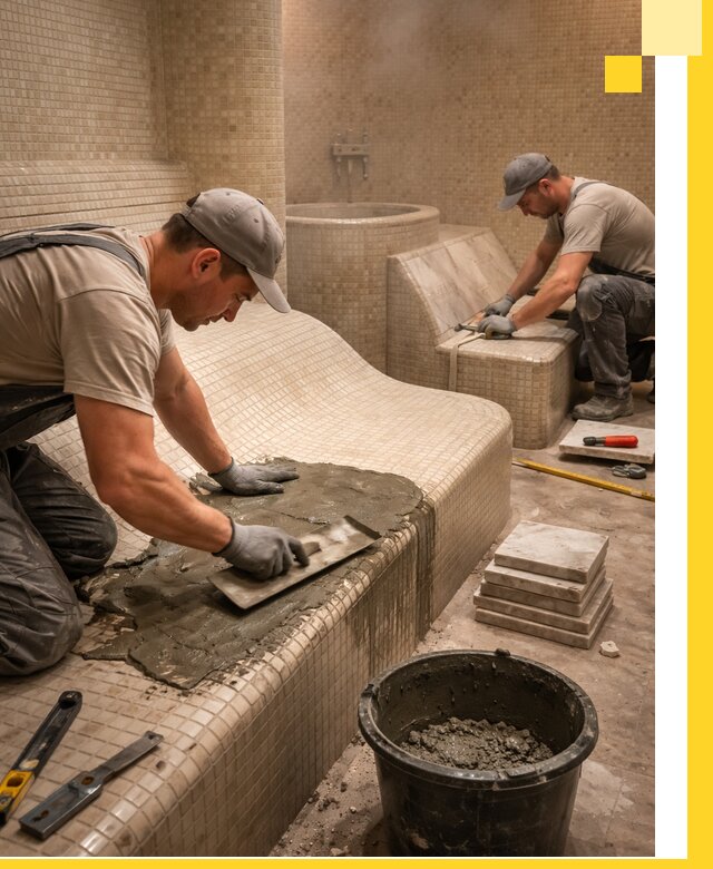 Лежаки для хамама под ключ в Балахне, проект и монтаж